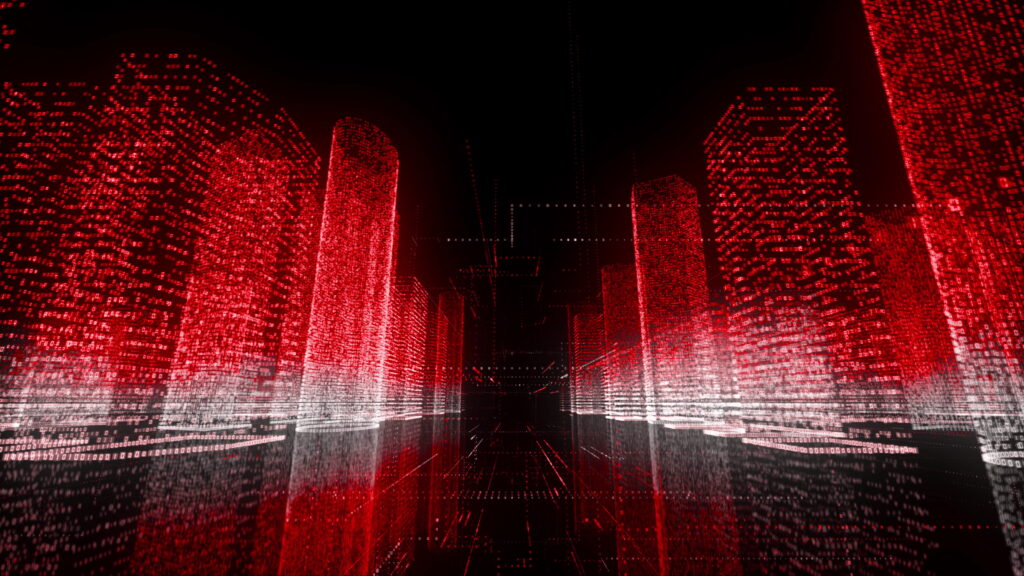 moving through the bright red and white colored model of abstract digital city contained of random numbers and symbols on black background. business, communications or tech concept. 3d rendering 4k